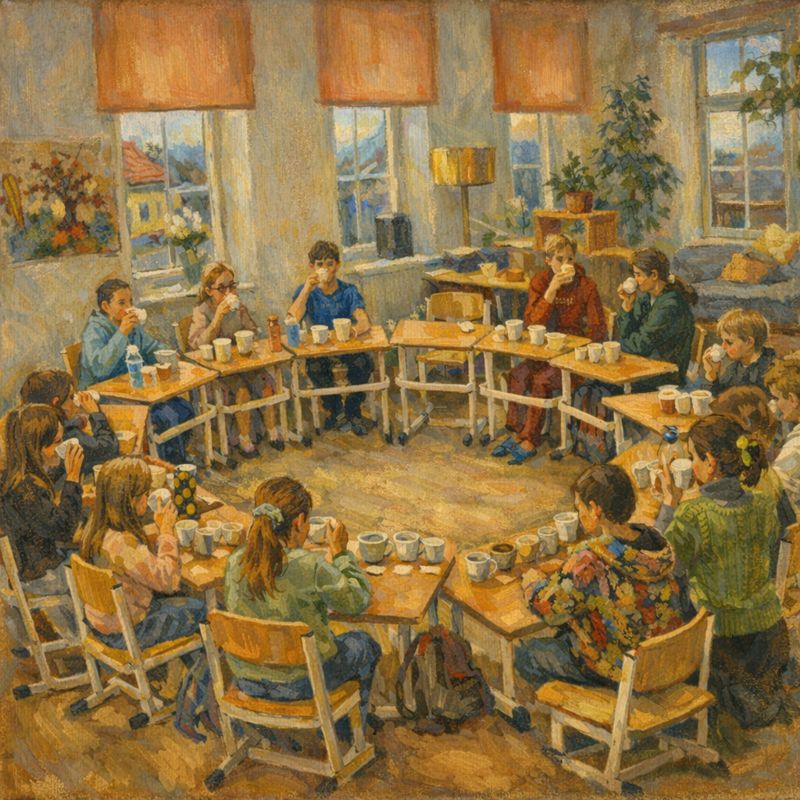 Děti ze základní školy Active Learning sedí v kruhu u stolků v útulné učebně zalité sluncem - společné učení, diskuze a aktivní výuka